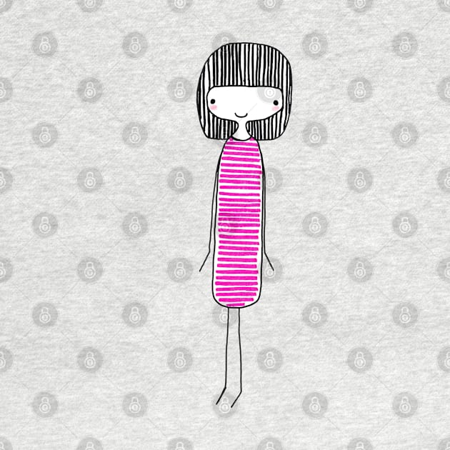 CUTE GIRL WITH BLACK HAIR IN PINK DRESS - Line Drawing by VegShop